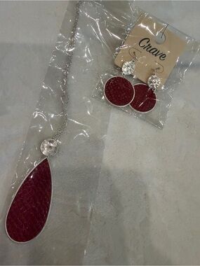 Red Teardrop Pendant Necklace with Matching Red Disc Earrings